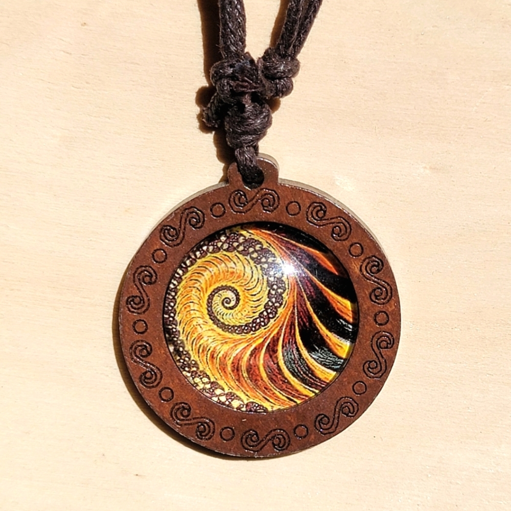Fibonacci Spiral Golden Ratio Wood Carved Holographic Pendant Unisex Necklace 2